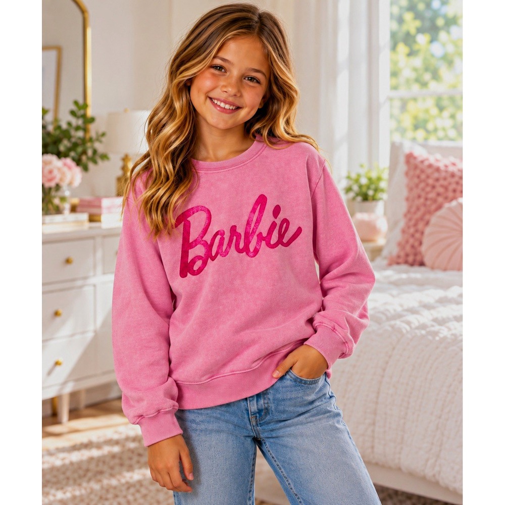 Barbie Girls Pink Logo Graphic Crewneck Pullover Sweatshirt Long Sleeve 10